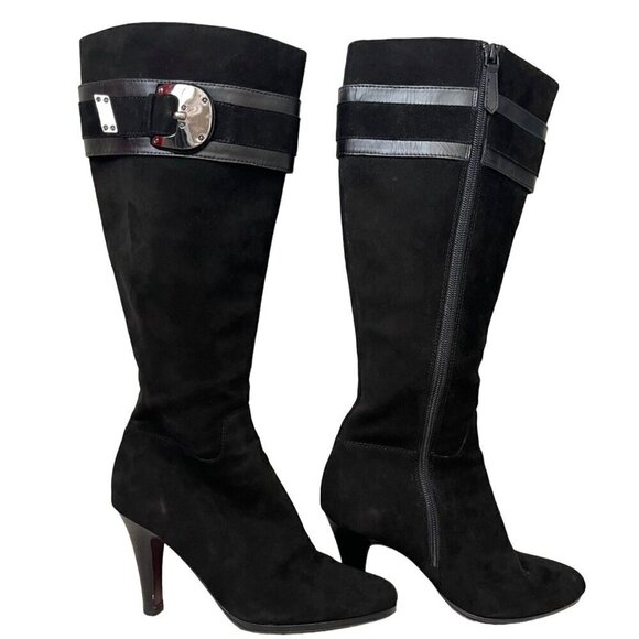 Cole Haan Black High Heel Knee-High Nicole Air Boots Buckle Detail Size 8.5 - Picture 4 of 13